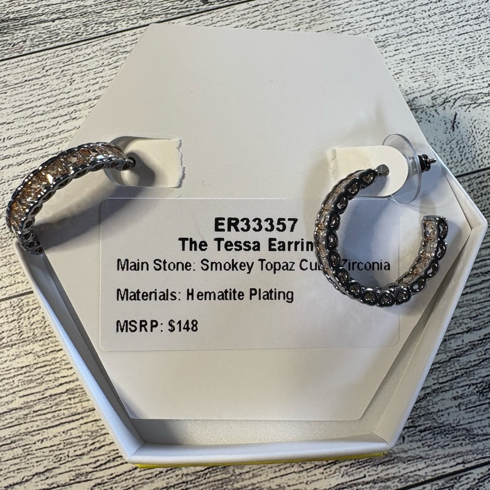 Hematite Plated Earrings with Smokey Topaz Cubic Zirconia bomb party